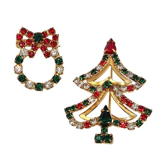 VTG Brooch 2PC Set Christmas Holiday Tree Wreath Green/Red/Clear Rhinestone Pins - Picture 1 of 9